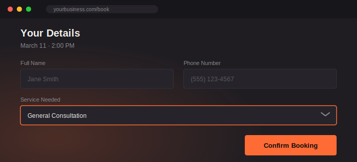 Example booking form mockup